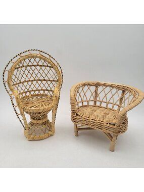 Vintage Wicker Rattan Peacock Fan Chairs - Doll Furniture Plant Stand Boho Decor